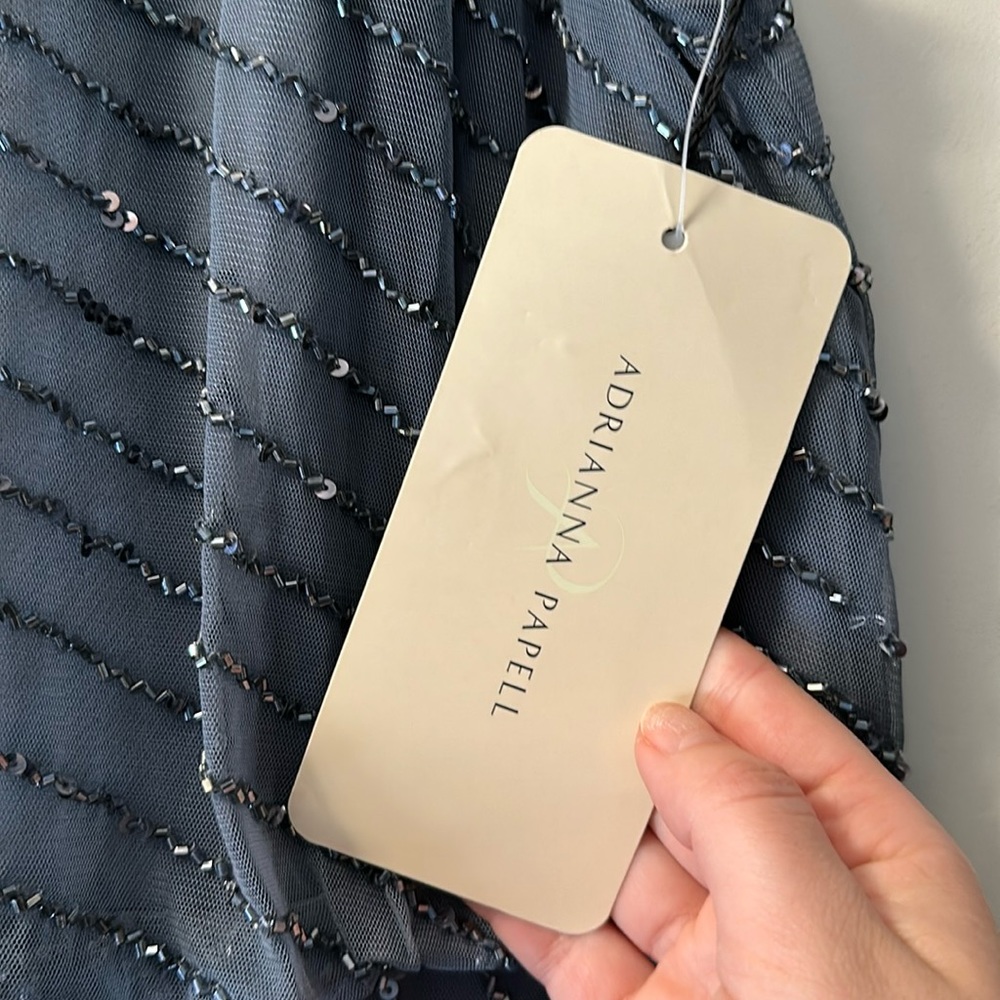 Adrianna Papell Dusty Blue Beaded Halter Gown